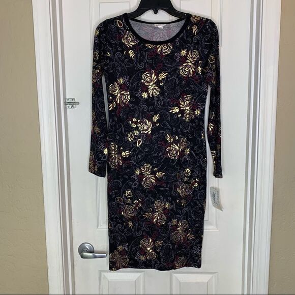 LuLaRoe Debbie Elegant Dress Collection Size XS Gold Roses - Picture 1 of 9
